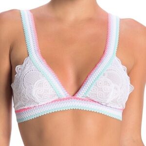 Free People Lace Bralette - White with Pink and Blue Trim
